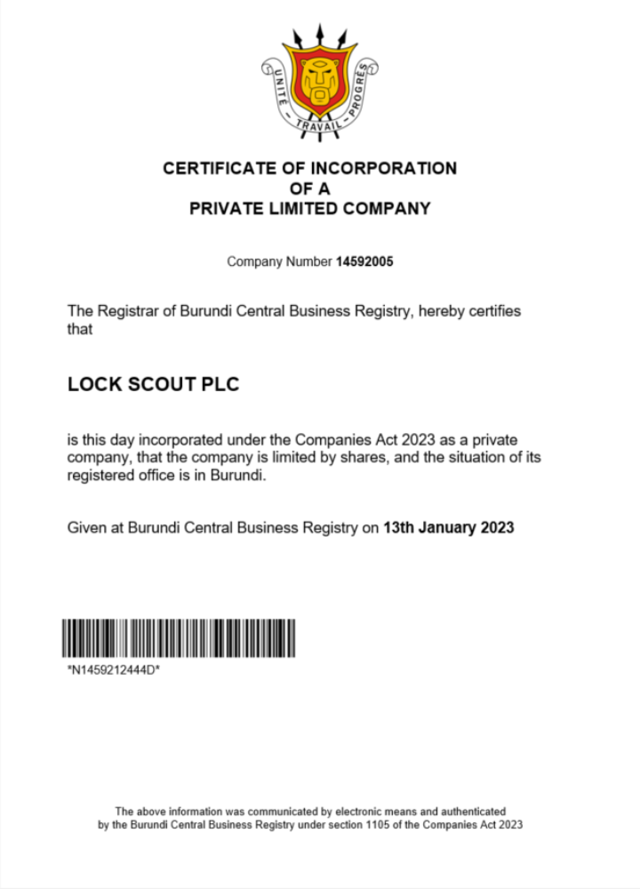 Burundi certificate of registration Word and PDF template
